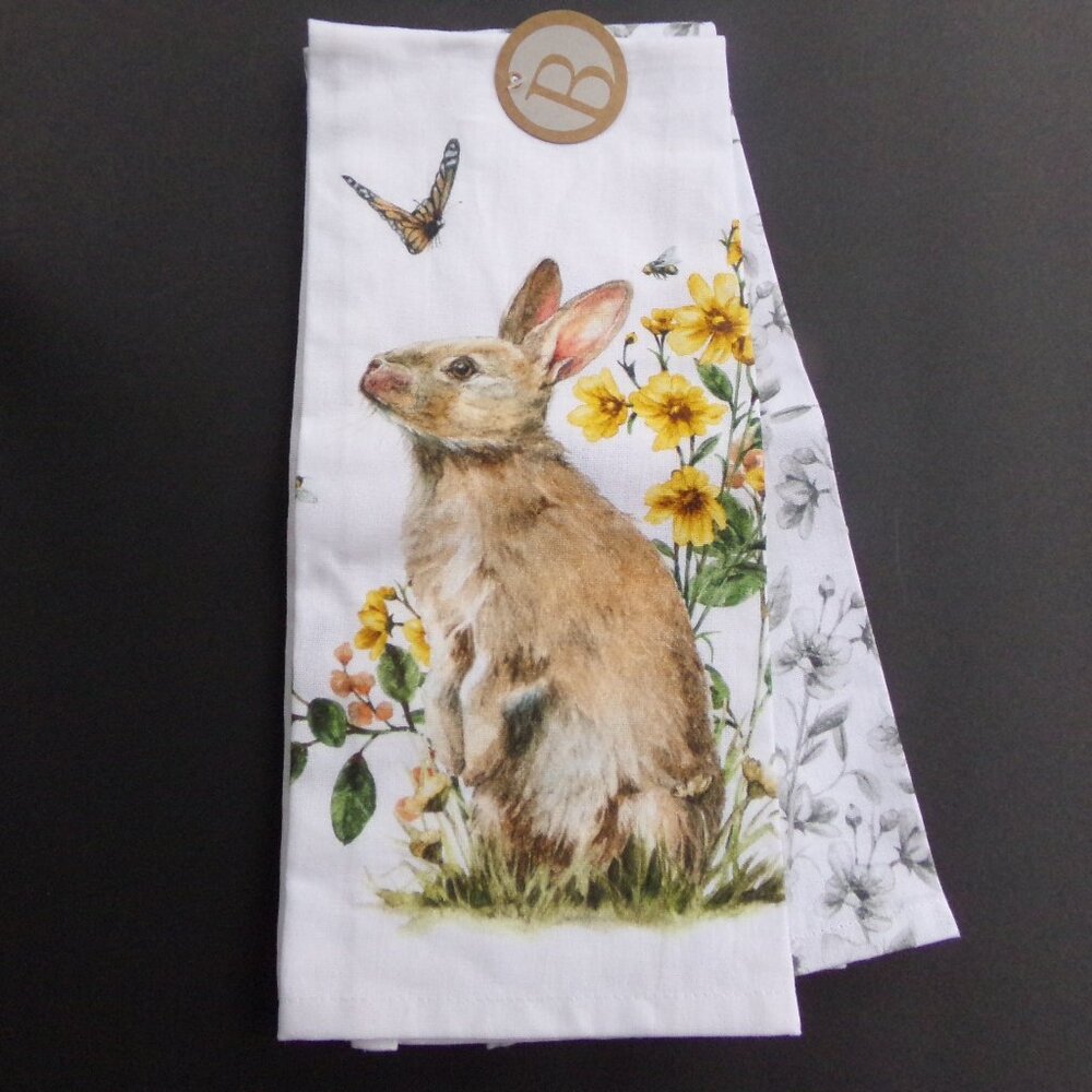 NWT Garden Bunny Rabbit Tea Towels Boston International Made in India